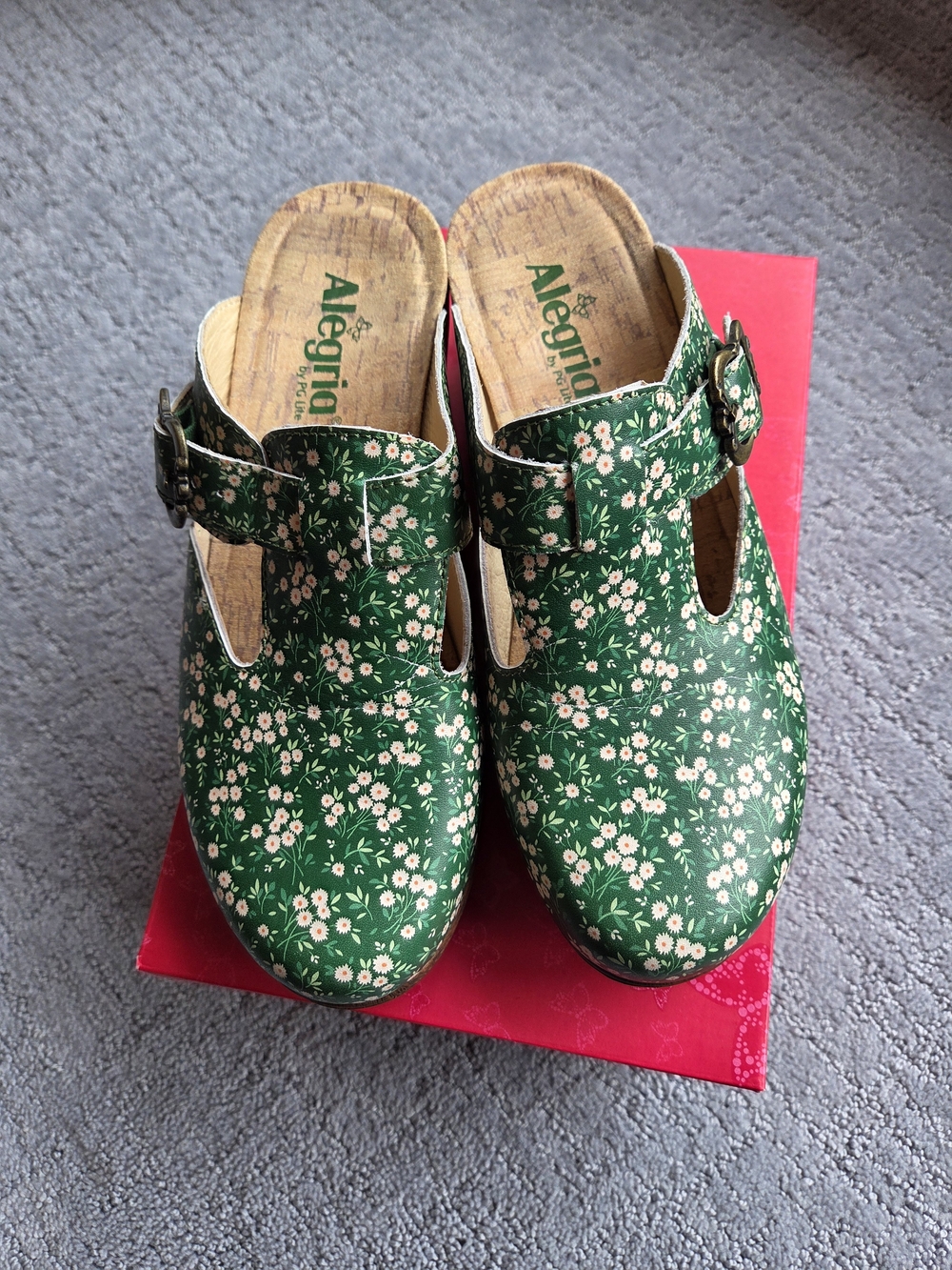 Alegria Selina Green Floral Buckle Clogs
